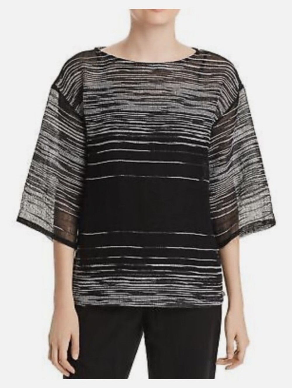 Eileen Fisher Illusion Organic Linen Mesh Bateau Neck Top Black Small - Picture 2 of 8